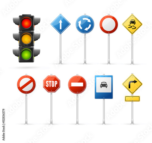 Traffic Light and Road Sign Set. Vector