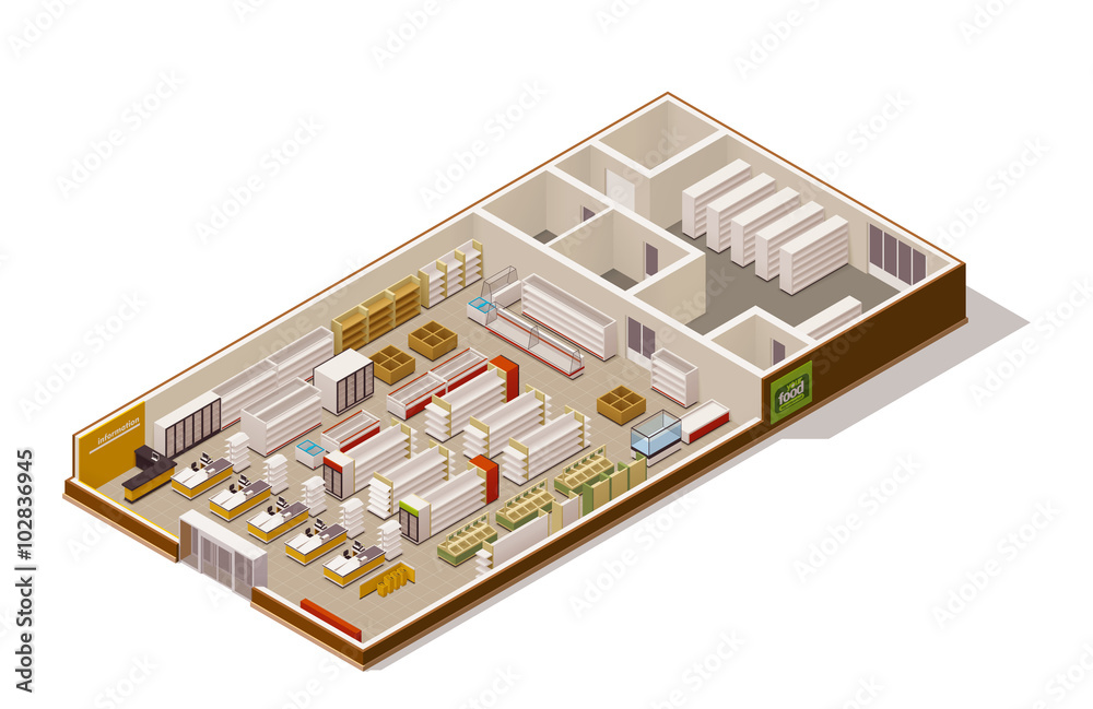 Vector isometric supermarket cutaway Vector isometric supermarket cutaway