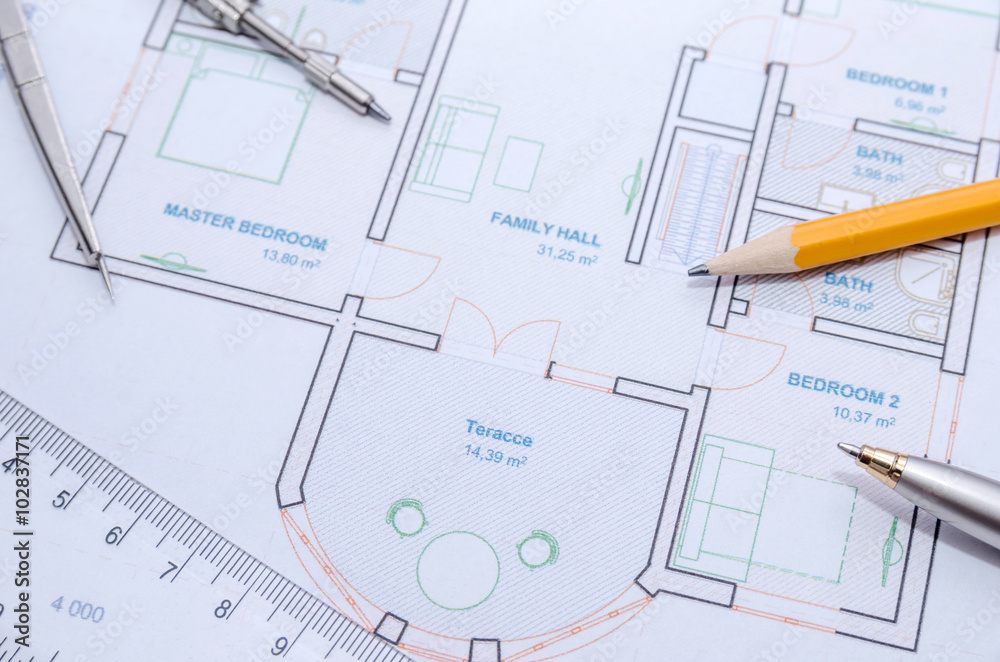 Architectural plan house with work tools Architectural plan house with work tools