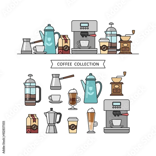 Coffee set of elements. Cafe. Coffee shop. Coffee house. Barista. Coffee time. Vector illustration.