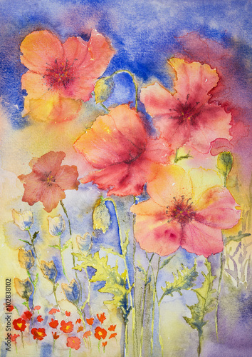 Poppies in the sun. The dabbing technique gives a soft focus effect due to the altered surface roughness of the paper.