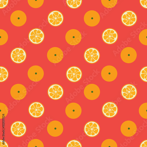 Cute seamless pattern with orange slices on red background