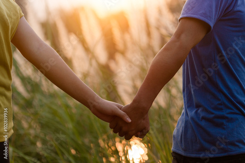 Young couple in love holding hand and walking at park during sun