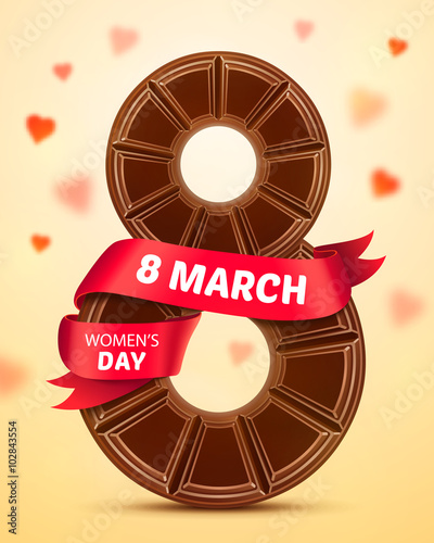 8 March, Womens Day. Greeting card with chocolate and red ribbon
