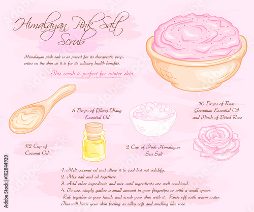 vector hand drawn illustration of hymalayan pink rose salt scrub recipe