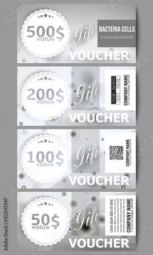 Set of modern gift voucher templates. Molecular research, cells in gray, science vector background