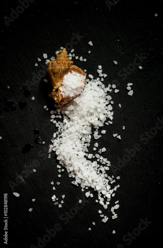 Sea salt in a shell on a dark stone background, top view