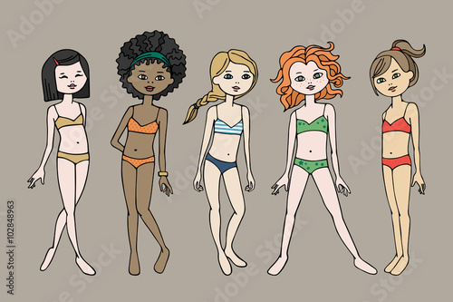 Set of cute dress up paper doll teen girls. Body template. Vector illustration