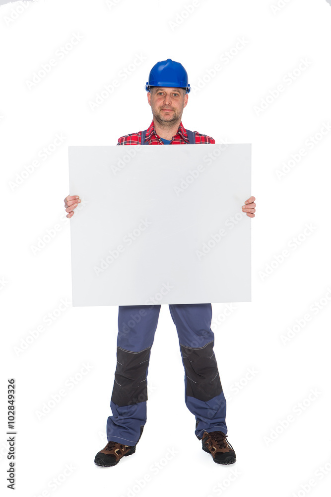 construction worker with banner , plumber with information posters
construction worker with banner , plumber with information posters