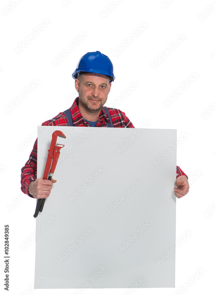 construction worker with banner , plumber with information posters
construction worker with banner , plumber with information posters