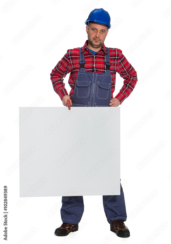 construction worker with banner , plumber with information posters
construction worker with banner , plumber with information posters