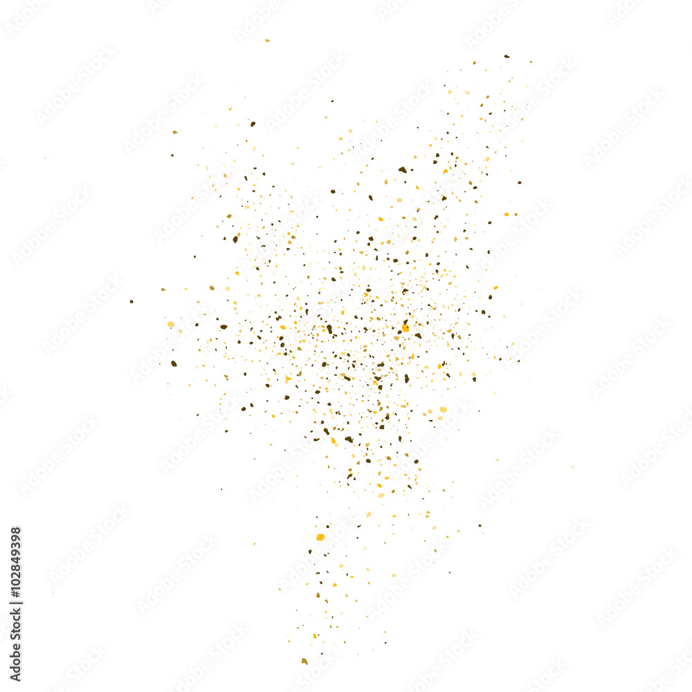 Golden glitter shine texture on a white background. Golden explosion of Confetti. Golden abstract particles on a light background. Isolated Holiday Design elements. Vector illustration.
