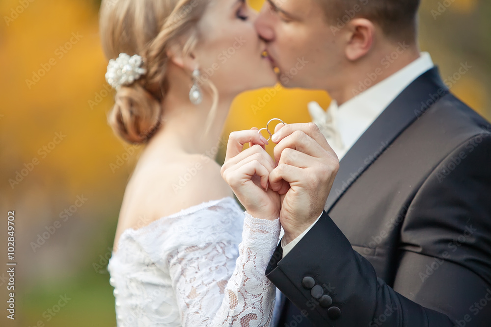 Bride and groom in autumn forest Bride and groom in autumn forest