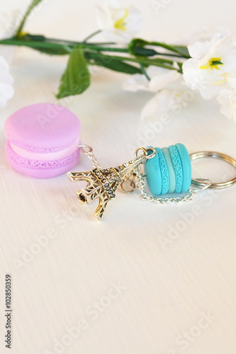 Keychain with a macaroon out of polymer clay and metal Eiffel tower photo