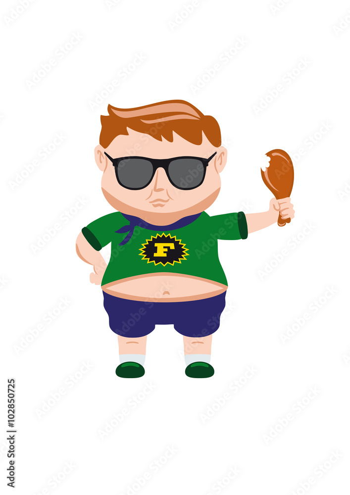 Little fat man who likes to eat. Stylish young man with a big belly. Guy  with chicken legs. Funny vector illustration. Cartoon character boy. Stock  Illustration | Adobe Stock