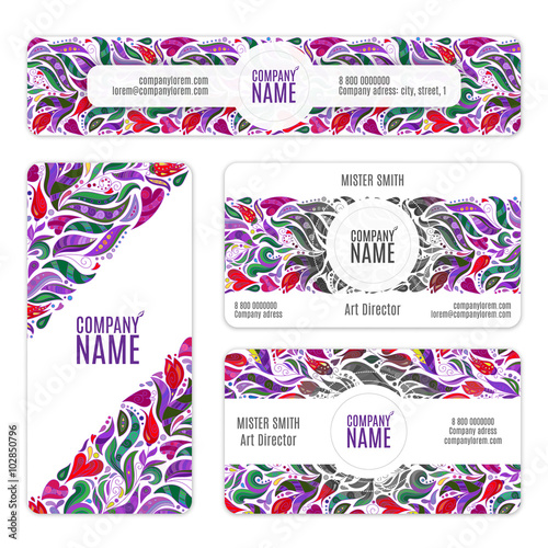 Corporate Identity vector templates set with flowers and leaves in zentangle doodle style. Violet lilac pink colors.