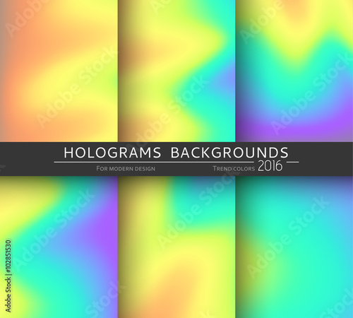 Set of 6 realistic holographic backgrounds in different colors for design. Hologram to create trendy modern design. Backgrounds for design cards, filling silhouettes, pattern design to printing.
