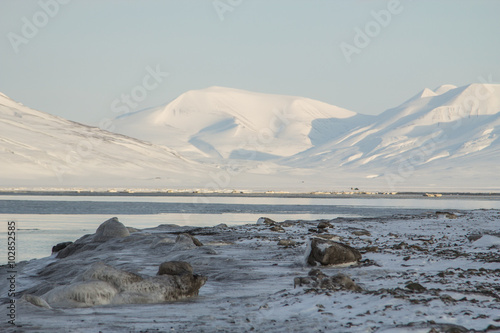 Mountains and icy sea near Longyearbyen, Spitsbergen (Svalbard).
