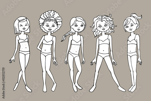 Black & white set of cute dress up paper doll teen girls. Body template. Vector illustration