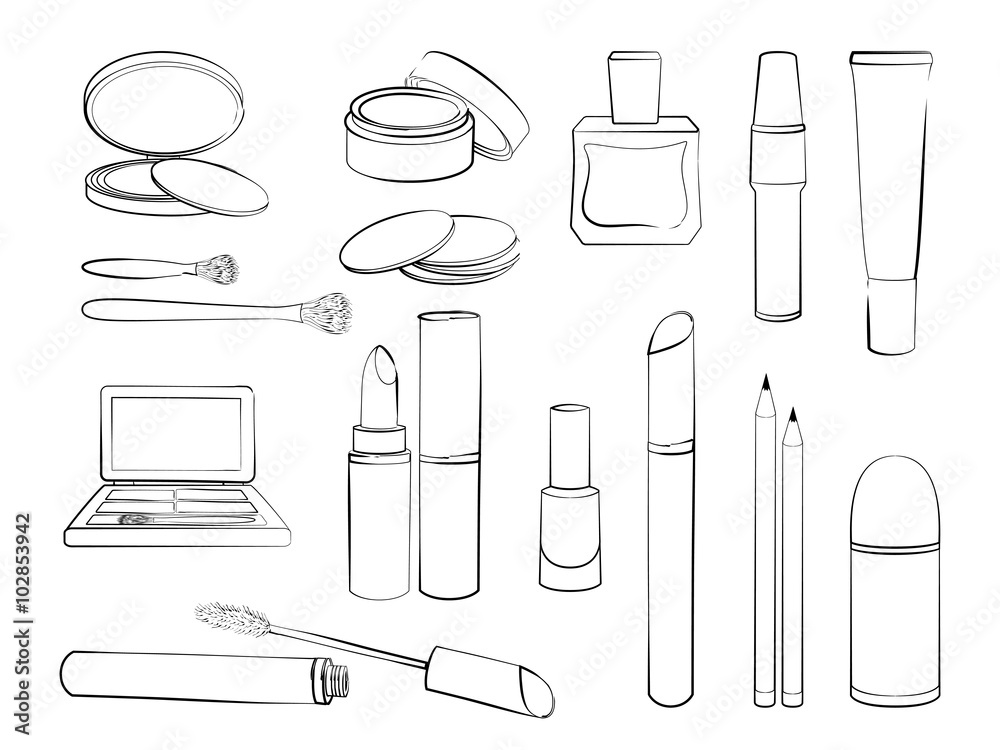 Decorative cosmetics set. Hand drawn collection of products for makeup.  Sketch of elements for make-up isolated on white background. Black and  white outline Stock Vector | Adobe Stock