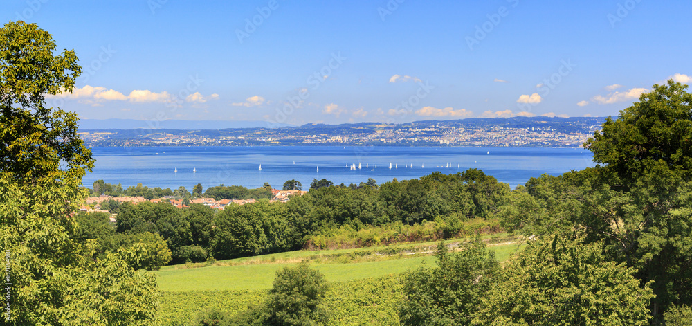 Obraz premium Blick von Èvian les Bains über den Genfer See