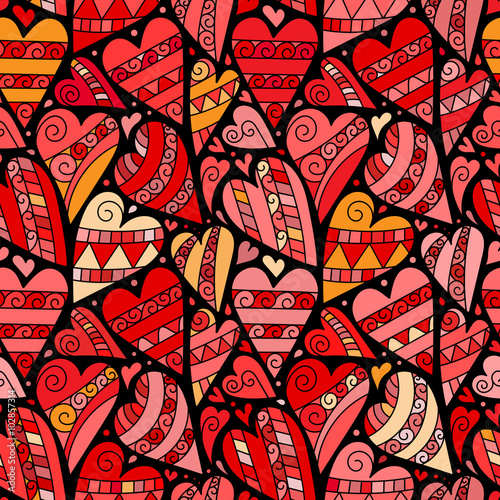 Vector Doodle Hearts Seamless Pattern Background with many red on black hand drawn hearts. Perfect for Valentine's Day design.