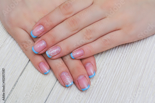 French nail art in light blue color