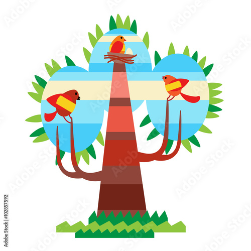 Colorful Tree With Birds Flat Design