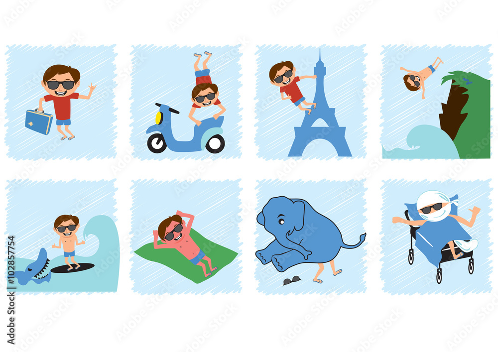 Funny comic with a careless guy. Picture story about a summer vacation.  Funny vector illustration. Humorous illustration of a travel. An example of  what not to do on holiday Stock Illustration |
