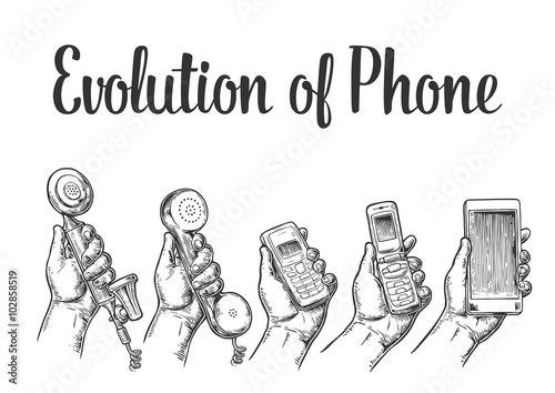 Evolution of communication devices from classic phone to modern mobile phone. Hand man. Hand drawn design element. Vintage vector engraving illustration for info graphic, poster, web.