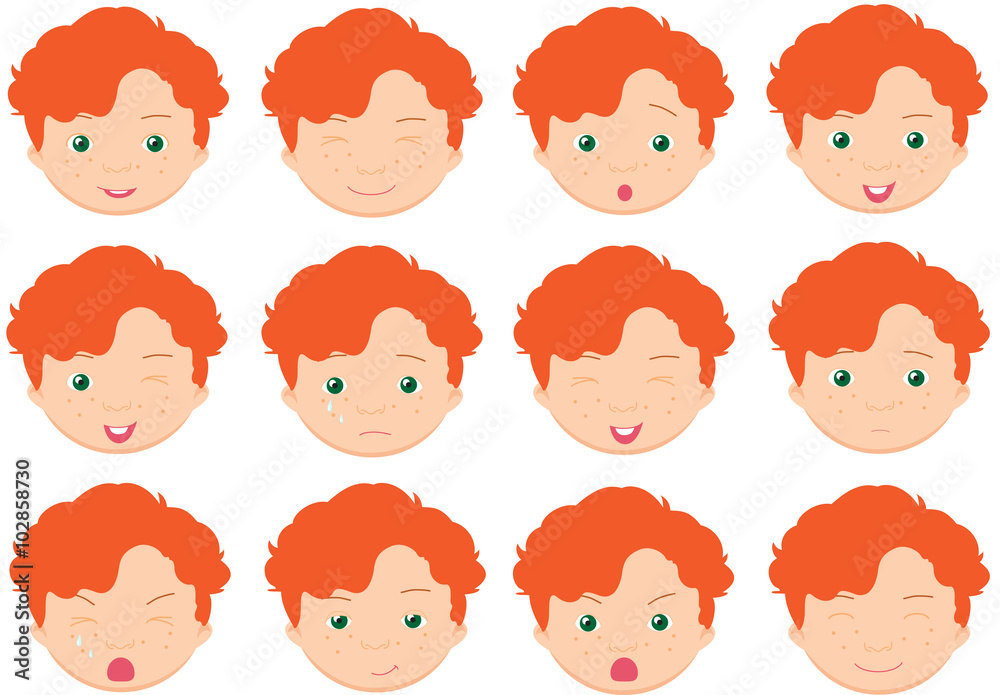 Red-haired boy emotions: joy, surprise, fear, sadness, sorrow, c Red-haired boy emotions: joy, surprise, fear, sadness, sorrow, c