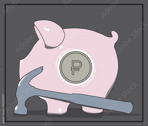 Piggy Bank with Ruble Coin and Lying Hammer. Conceptual Vector Illustration.