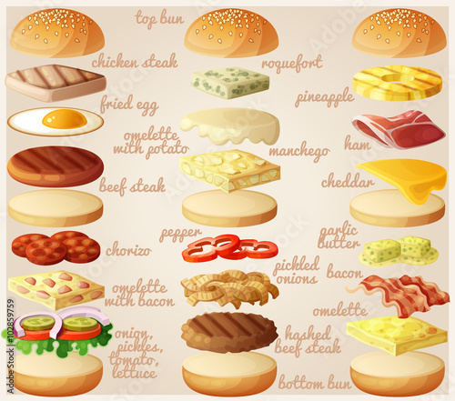 Burgers set. Ingredients: buns, cheese, bacon, tomato, onion, lettuce, cucumbers, pickle onions, beefs, ham. Vector illustration.