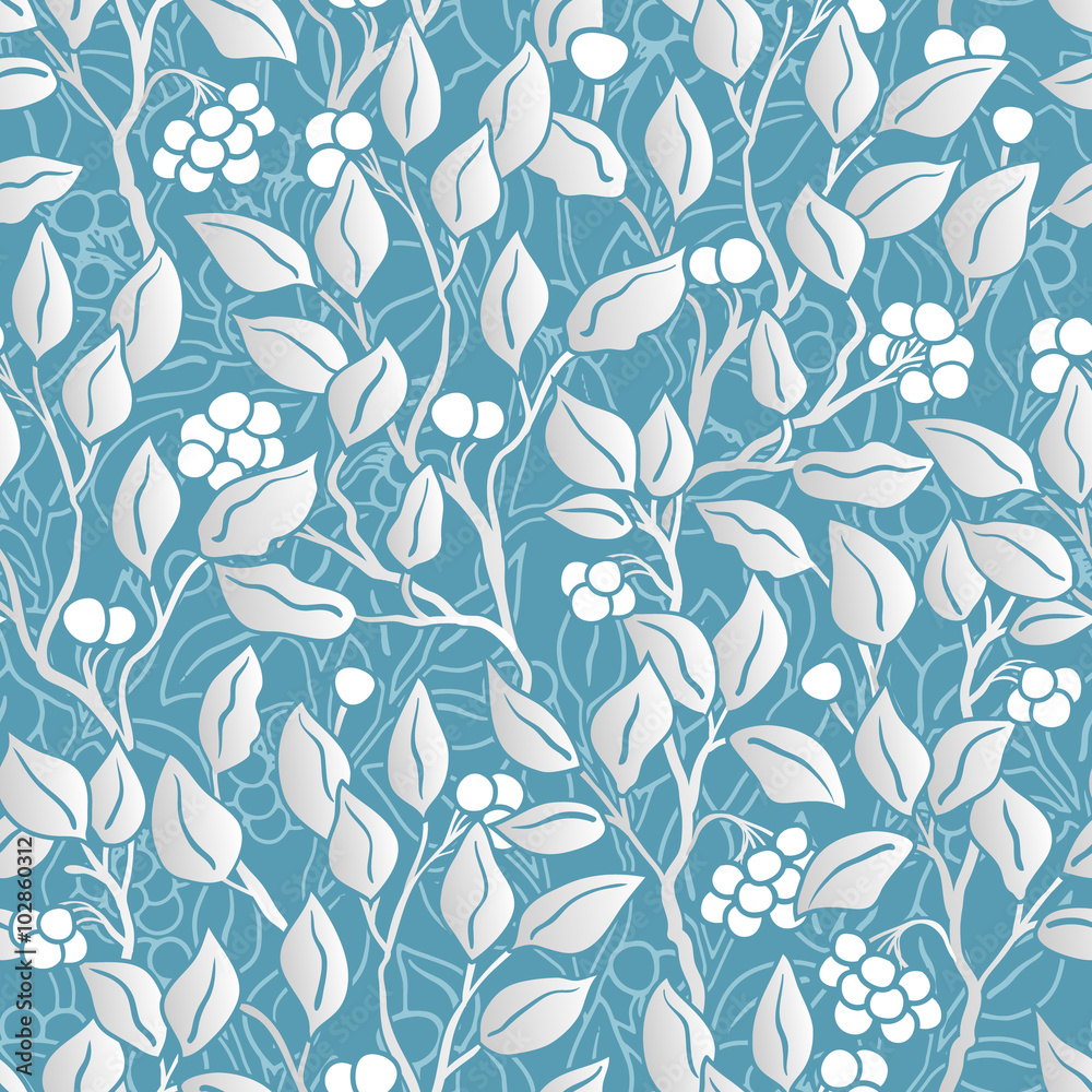 hand painted eaves seamless floral pattern vector background. Leaf pattern. Doodle vector pattern. Pastel blue and silver.