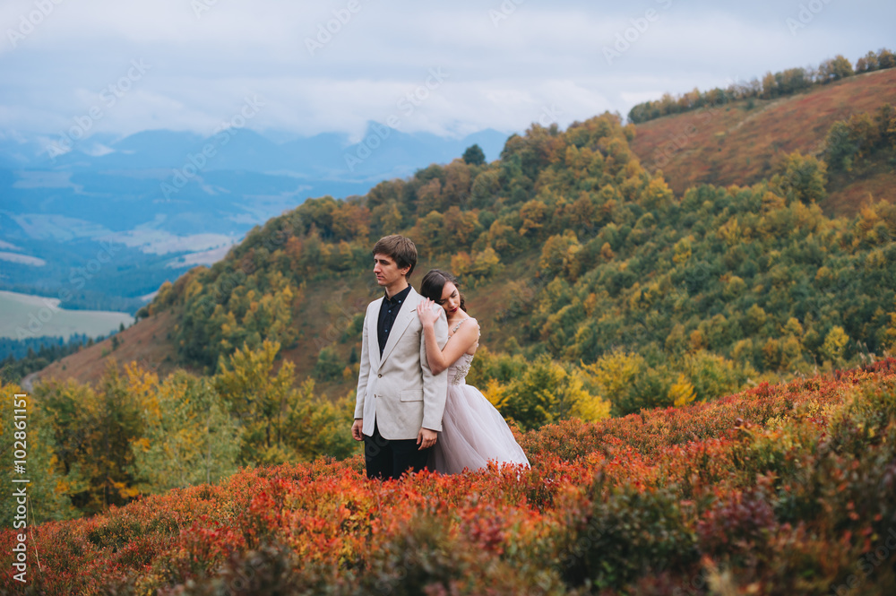 happy newly married couple posing in the mountains