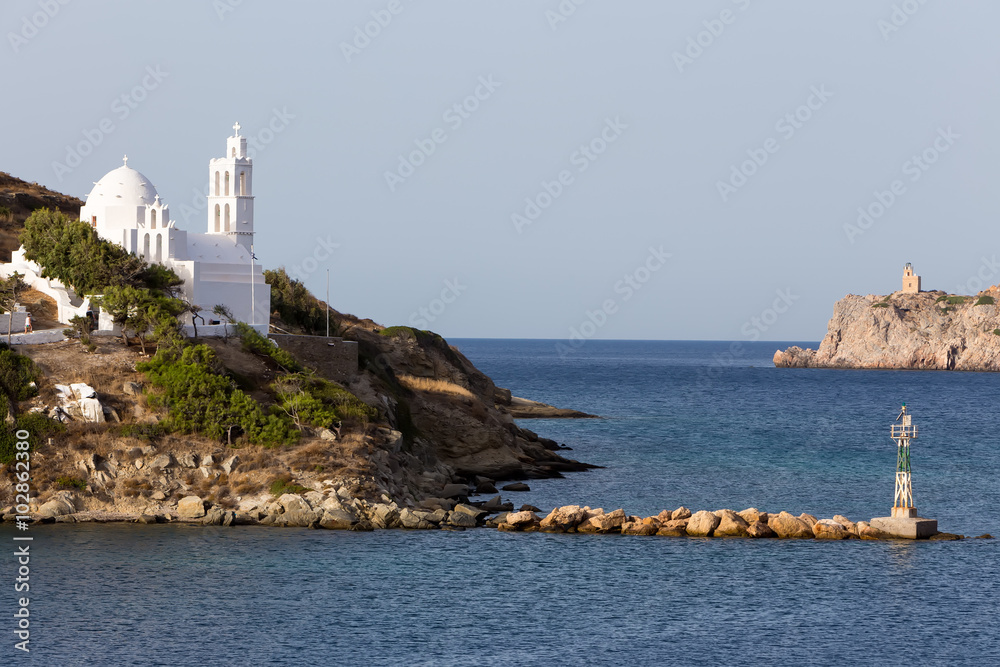 Church view by the sea in Ios island, Greece.