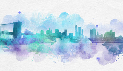 Fotobehang Aquarelschilderij wolkenkrabber  New York skyline in aquarelstijl  © XtravaganT