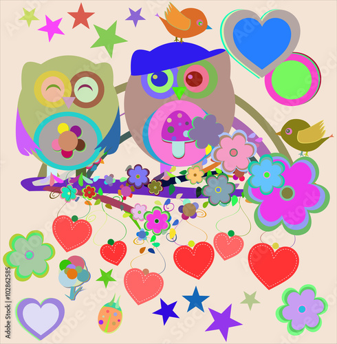 vector Two cute owls and bird on the flower tree branch