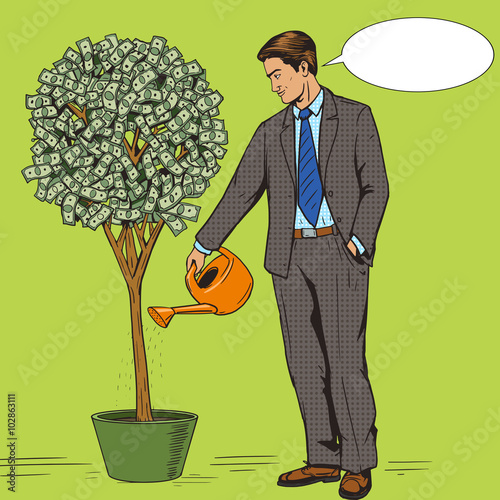 Businessman water money tree pop art style vector
