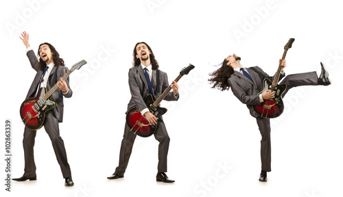 Funny guitar player isolated on white