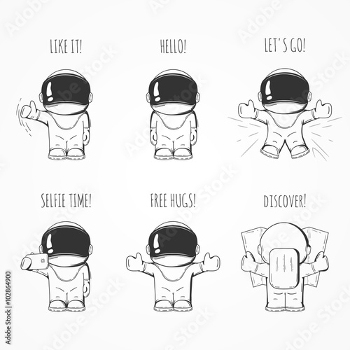Set of Hand drawn cartoon astronaut in space suit. Line art cosmic vector illustration.