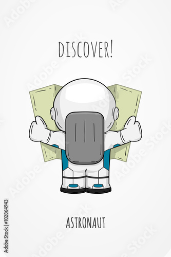 Hand drawn cartoon astronaut in spacesuit back view. Line art cosmic vector illustration cosmonaut look at the map, looking for something. Concept space travel, spaceflight, navigation on terrain.