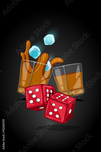 Vector cartoon illustration drawn glass with alcohol drink. ice cubes falling and splash liquid. Two dice on foreground in motion.