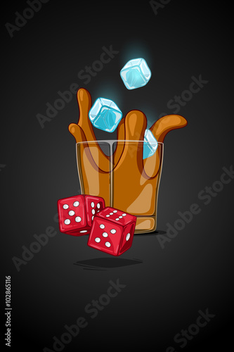 Vector cartoon illustration drawn glass with alcohol drink. ice cubes falling and splash liquid. Two dice on foreground in motion.
