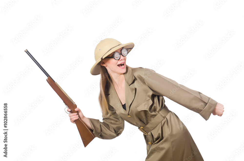 Woman wearing safari hat on white Woman wearing safari hat on white