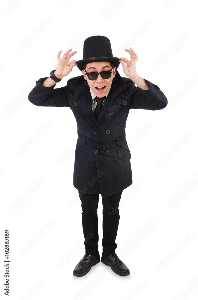 Young detective in black coat isolated on white Young detective in black coat isolated on white