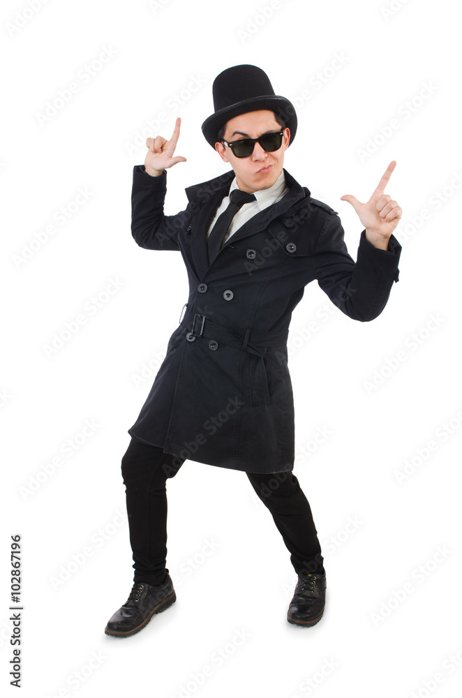 Young detective in black coat isolated on white Young detective in black coat isolated on white