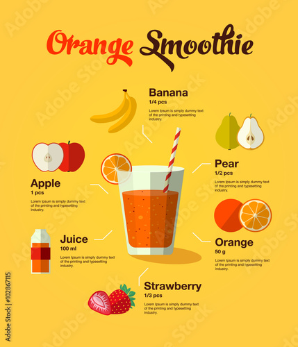 Healthy natural food fruit smoothie in glass on yellow background. Infographic modern premium quality illustration of fruits and juice ingredients. 