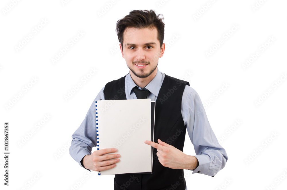 Office employee holding paper isolated on white Office employee holding paper isolated on white