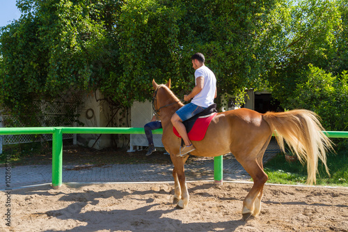 Young man on a brown-blond horse in the riding club
